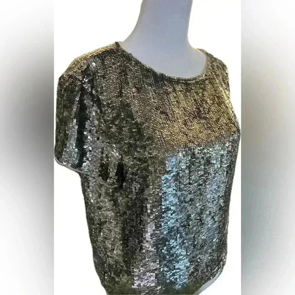 Alice + Olivia Silver Sequin Top - Sarita Short Sleeve Blouse Small Petite - Picture 4 of 12